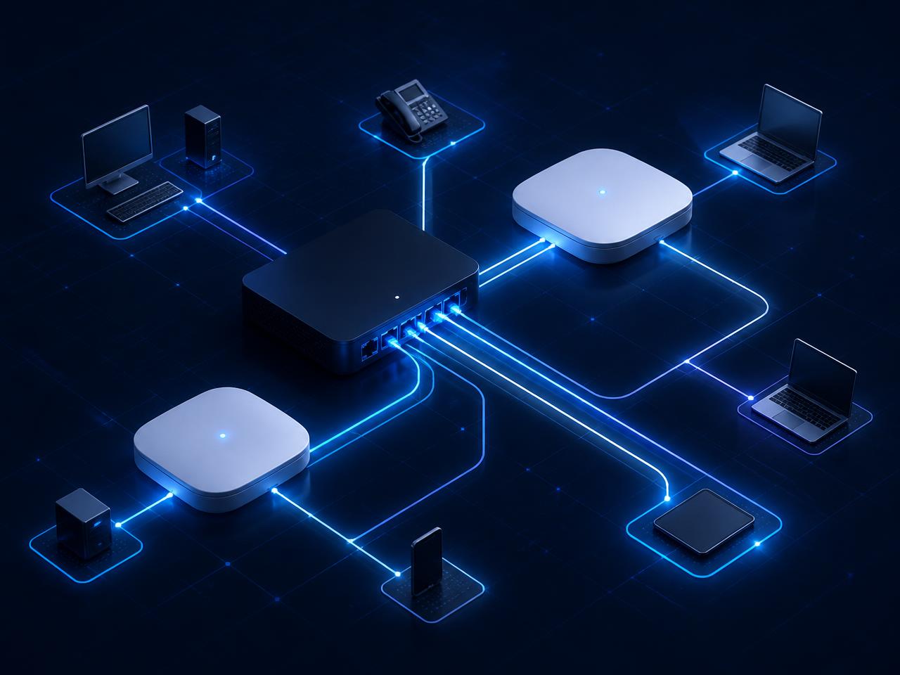 Office network infrastructure connecting devices through glowing data paths